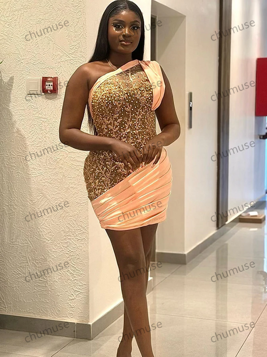 Vestidos de fiesta cortos de un solo hombro con apliques de encaje y cuentas fruncidas, vestidos de noche africanos para mujer, vestidos de fiesta formales, vestidos de cóctel