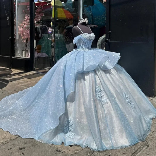 Vestido de quinceanera azul-celeste com apliques personalizados, lantejoulas, flores 3D, vestido de baile de princesa para 16 anos