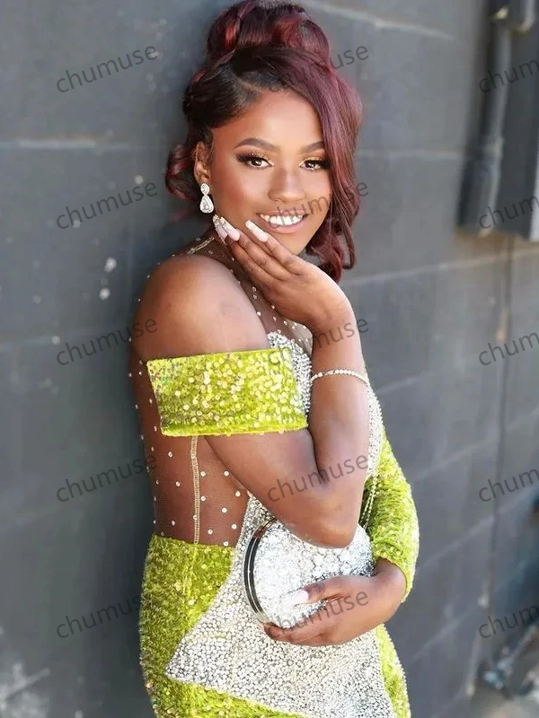 Green African American Prom Dresses Mermaid Long Sleeves Sequins Black Girls Evening Dresses Gown