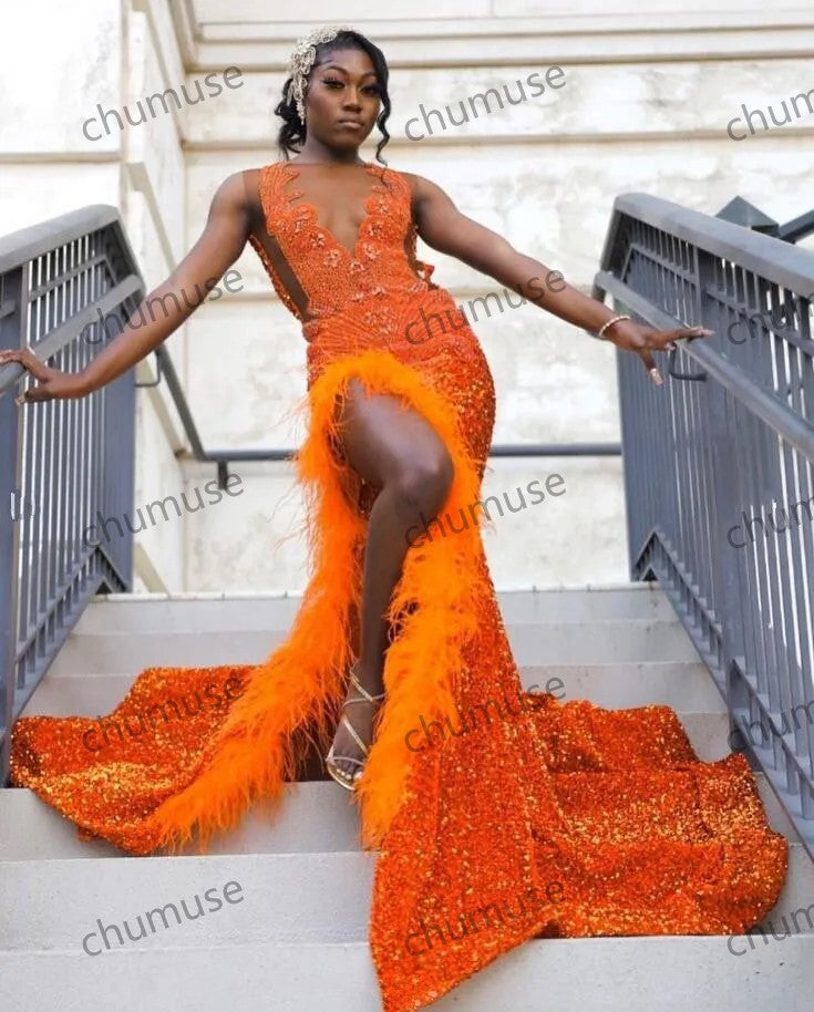 Orange Sparkly African Evening Reception Dresses