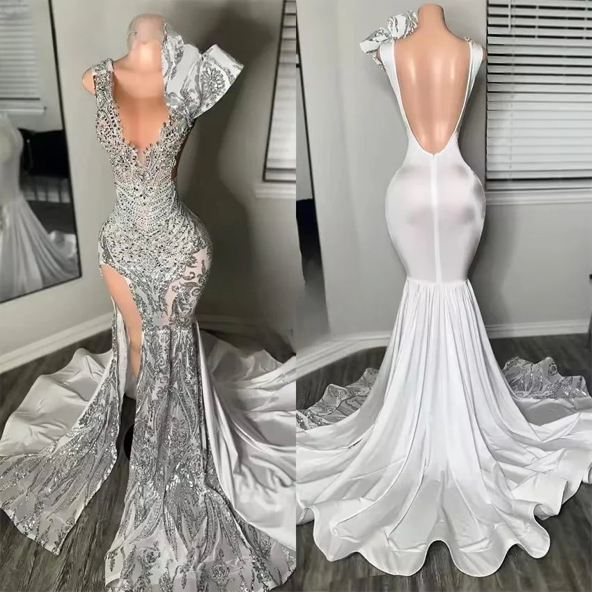 Exquisite White Mermaid Long Prom Dresse Elegant Bead Sequins Diamonds Evening Robe Open Back Birthday Gowns Customized