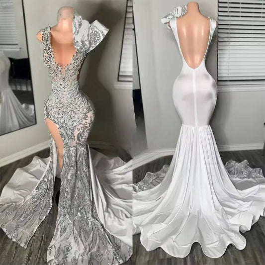 Exquisite White Mermaid Long Prom Dresse Elegant Bead Sequins Diamonds Evening Robe Open Back Birthday Gowns Customized