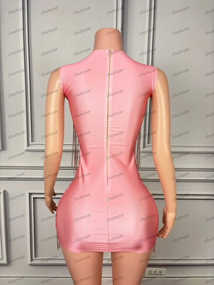 Luxury Pink Rhinestones Short Prom Dresses Sexy Sheer Mesh Diamond Beaded