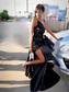 Robe de soirée longue noire en satin avec traîne amovible, robe de soirée africaine sexy, robe longue