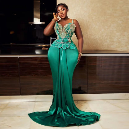 Customized Plus Size African Green Prom Dress Handmade Crystals Beaded Aso Ebi Wedding Reception Dress Black Party Gown