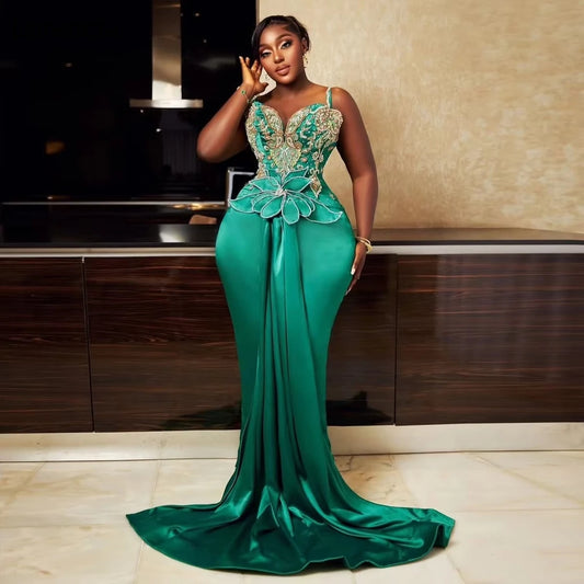 Customized Plus Size African Green Prom Dress Handmade Crystals Beaded Aso Ebi Wedding Reception Dress Black Party Gown