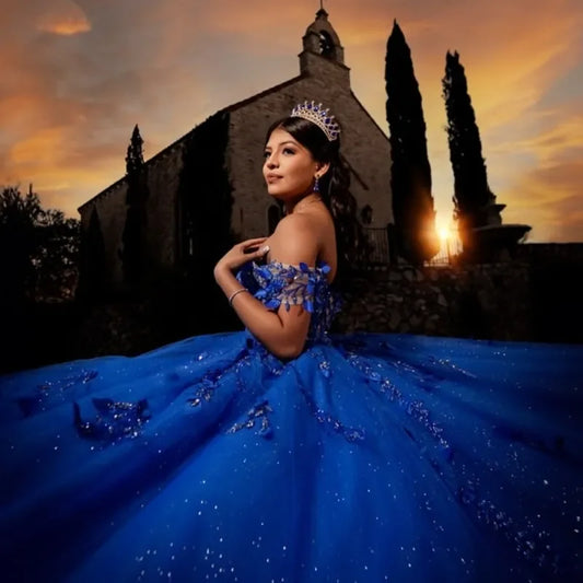 Vestidos de quinceanera azul royal brilhantes, ombro de fora, apliques de tule, vestido de baile, festa de aniversário, vestidos de baile personalizados e fofos