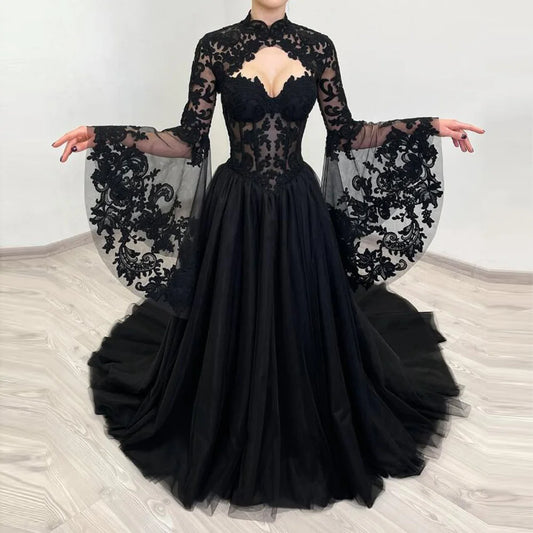 Customized Black Mermaid Prom Dresses Floor-Length High-Neck Full Sleeve Evening Dresses Fashion Lace Sexy Backless Lace-Up
