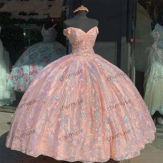 Vestidos de baile rosa brilhantes, vestidos de quinceanera, espartilho, lantejoulas, festa formal de aniversário