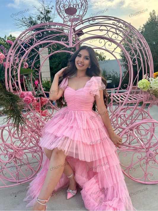 Vestido de fiesta de escote corazón, alto y bajo, de tul rosa, multicapa, con corsé, personalizado