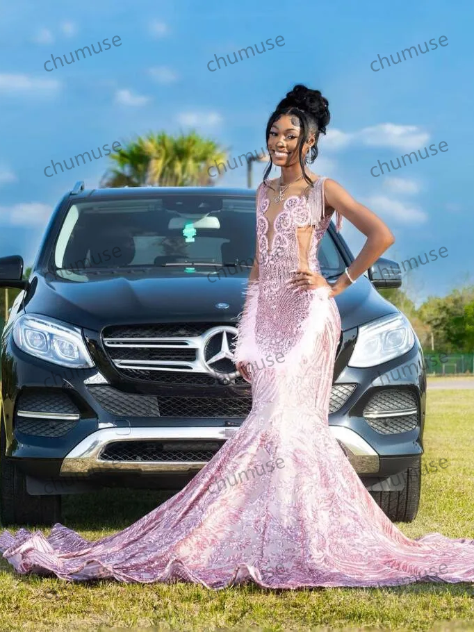 Robe de soirée sirène rose scintillante, longue, à paillettes, avec cristaux et plumes