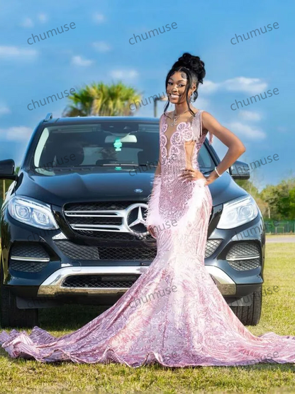 Robe de soirée sirène rose scintillante, longue, à paillettes, avec cristaux et plumes