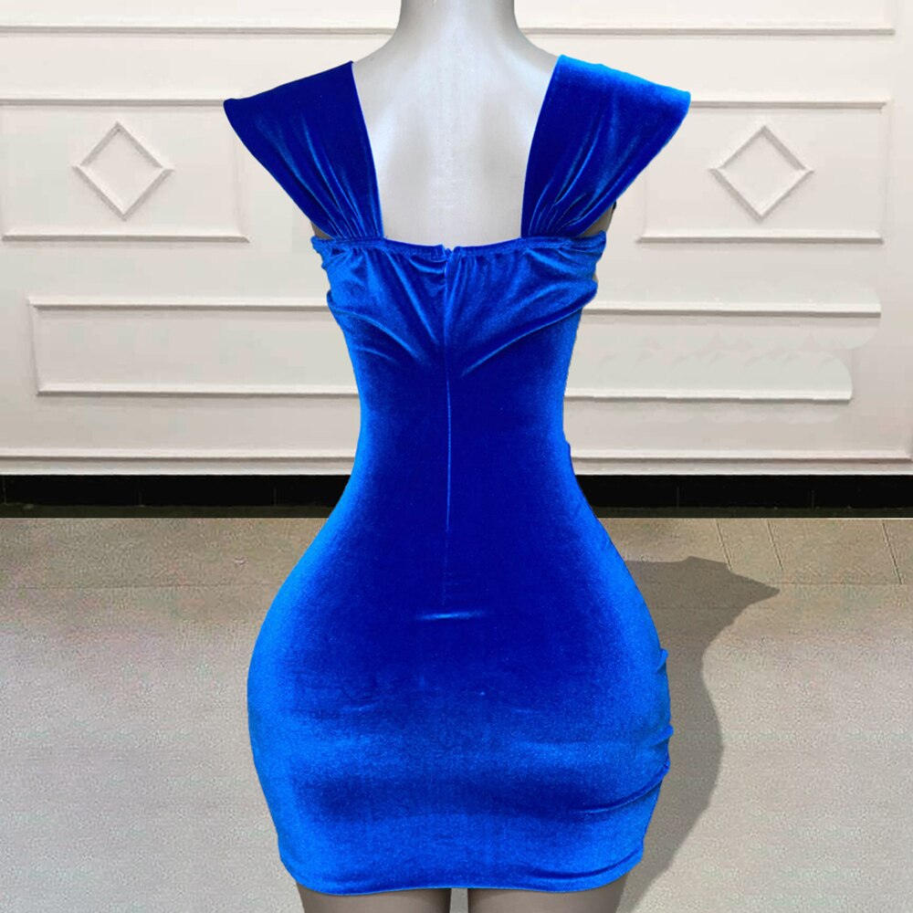 Custom Made Velvet Short Prom Dresses for Birthday Party Sexy See Through Beaded Crystal Blue Mini Cocktail Gowns