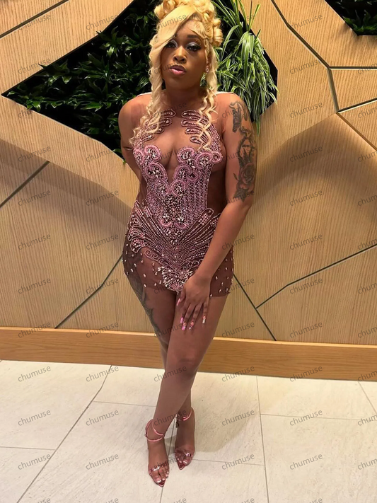 Amazing Sparkle Rhinestone Women Mini Maxi Dresses See Thru Sexy Mini Crystal African Girls Dress Party Dress