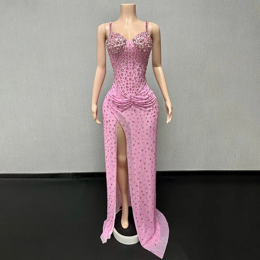 Women Luxury Pink Spaghetti Strap Crystal Drapped Open Leg Bright Long Comfortable Soft Birthday Celebrity Evening Party Gowns