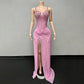 Women Luxury Pink Spaghetti Strap Crystal Drapped Open Leg Bright Long Comfortable Soft Birthday Celebrity Evening Party Gowns
