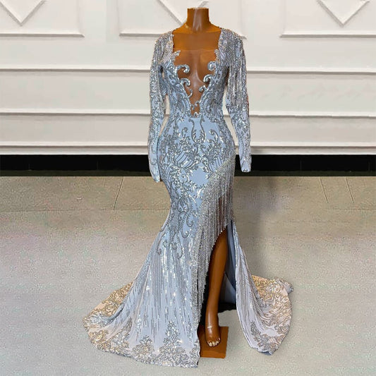 Vestidos de fiesta largos de sirena con cuentas y lentejuelas brillantes para fiesta de graduación, vestido de noche formal sexy de malla transparente para mujer con abertura 