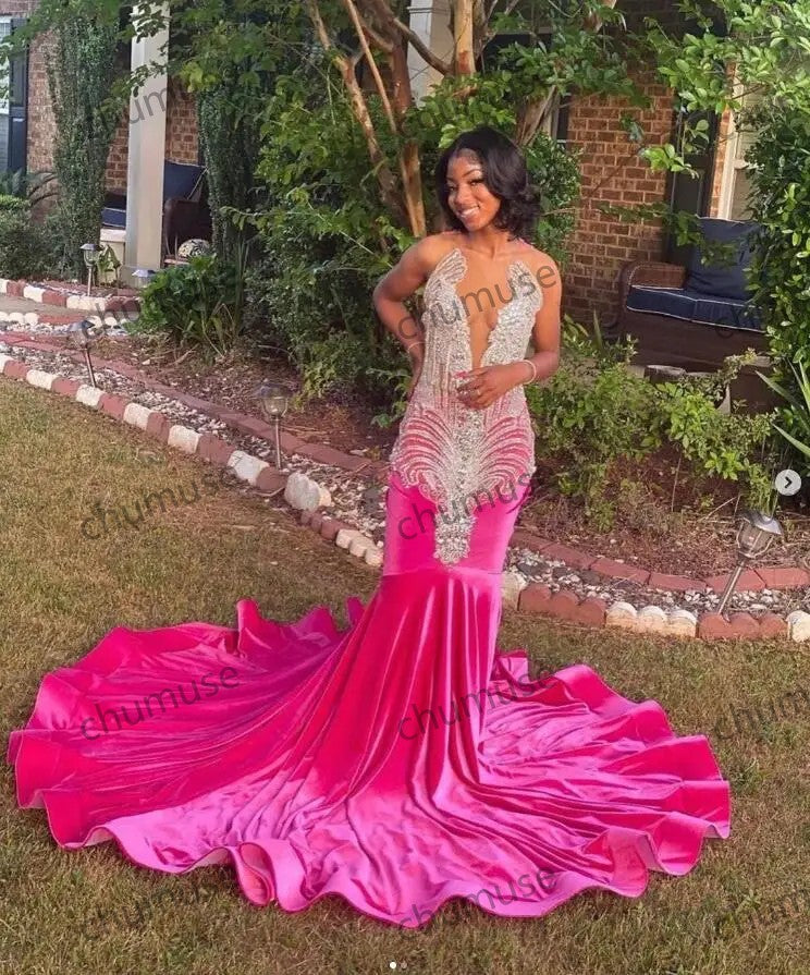 Fuchsia Pink Sparkly Long Prom Formal Reception Dresses