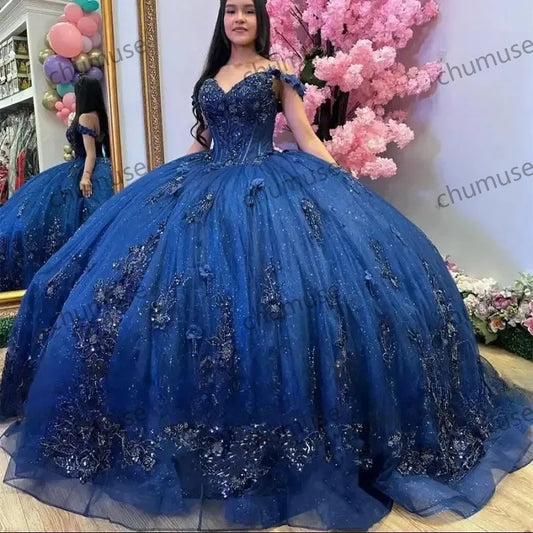Vestidos de quinceanera azul royal brilhantes, vestido de baile, apliques de renda, flores, miçangas, tule, vestido para 16 anos