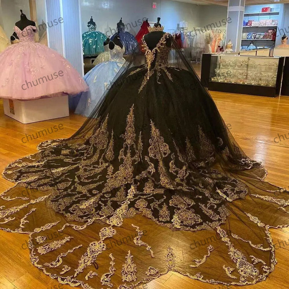 Beading Quinceanera Dresses Gold Sequin Applique With Cape