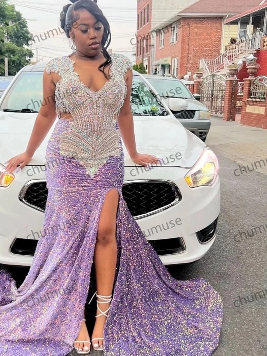 Vestido de fiesta de lentejuelas moradas para chicas negras, abertura alta, con cuentas de cristal plateadas 