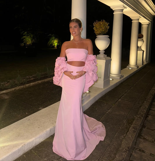 Sexy Pink Three Pieces Prom Dresses With Flower Cape Ruffles Mermaid Long Evening Dressing Gowns Maternity Dress