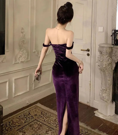 Velvet Sleeveless Long One-piece Dress Gown Purple Women Elegant Party Maxi Dress