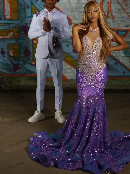 Simple Mermaid Bride Dresses Strapless Paillette Lace Crystal Sleeveless Draped Pleat Open Back Sexy Prom Dress