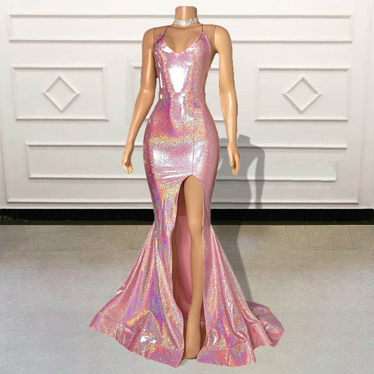 Vestidos de fiesta largos con lentejuelas brillantes para fiesta de graduación, sexys, con escote en V, sin espalda, para ocasiones formales, vestidos de noche con abertura alta 