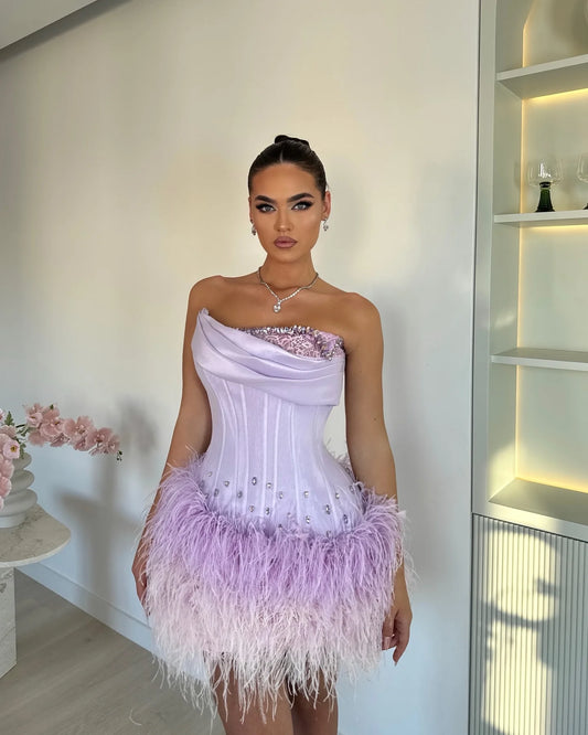 Eye Cacthing Lavender Corset Feather Short Women Formal Party Dresses Shiny Crystal Beaded Mini Birthday Party Dress