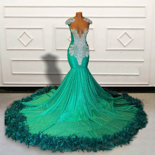 Vestidos de fiesta largos de sirena de lujo para fiesta de graduación con lentejuelas brillantes y plumas de cuentas para mujer, vestidos de noche formales personalizados. 