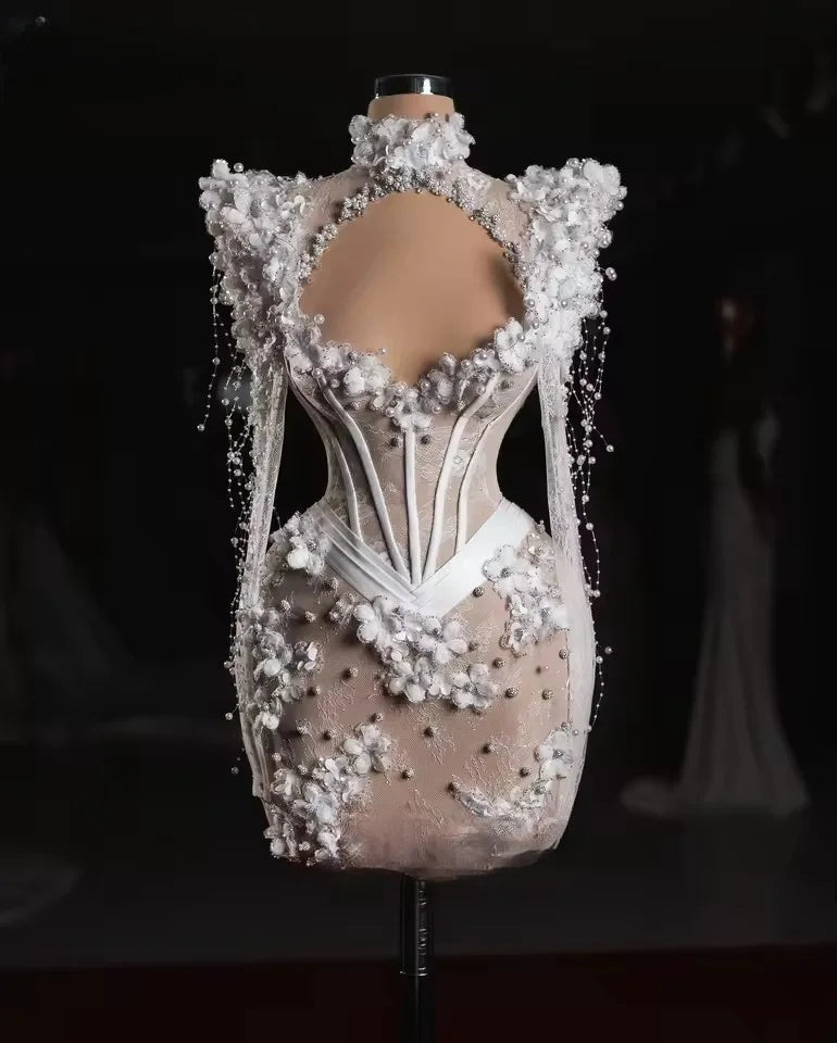 Ivory Lace Prom Dresses With Flowers Mini Mermaid Cocktail Dresses Long Sleeves Evening Party Dresses Robe Femme Customized