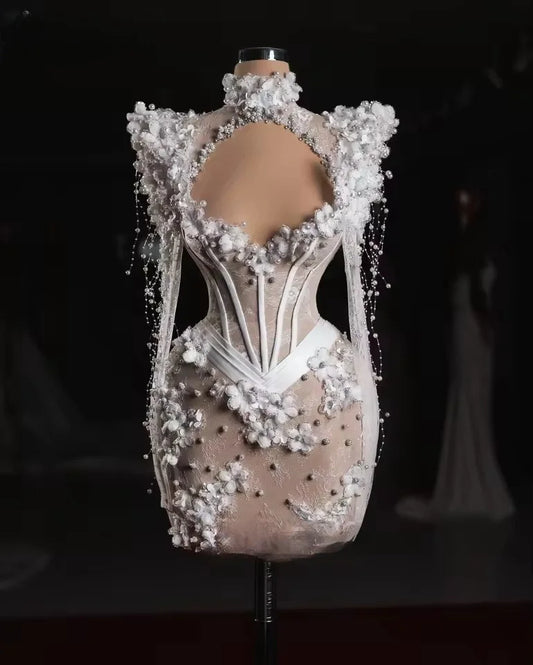 Ivory Lace Prom Dresses With Flowers Mini Mermaid Cocktail Dresses Long Sleeves Evening Party Dresses Robe Femme Customized