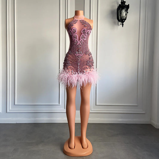 Vestido de aniversário feminino luxuoso com diamantes rosa, sexy, transparente, com penas, para ocasiões formais, coquetel, preto, curto, para baile de formatura