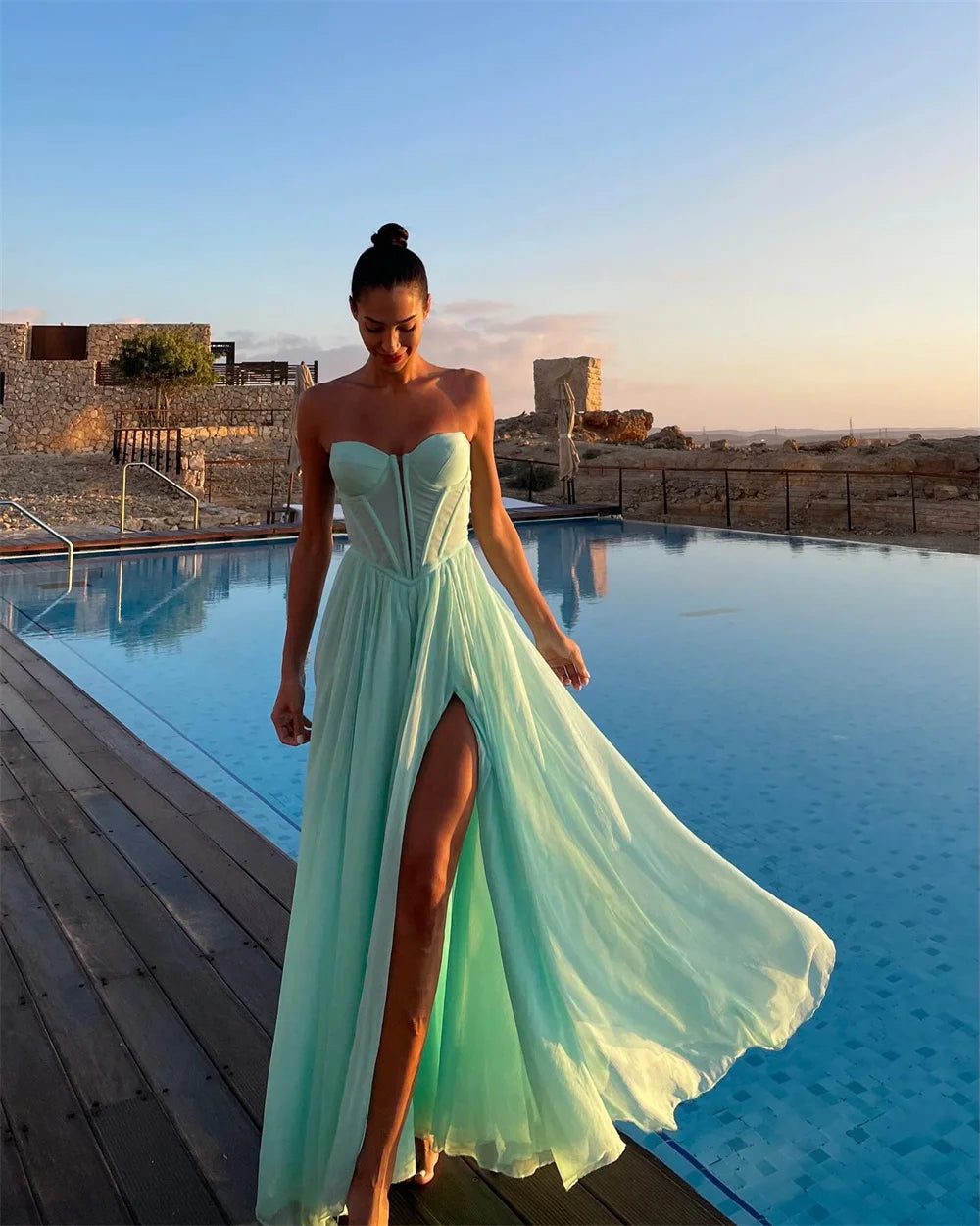 Vestidos de fiesta de gasa amarilla sin tirantes, corte A, abertura lateral, vestido de novia personalizado, sin mangas, largo hasta el suelo