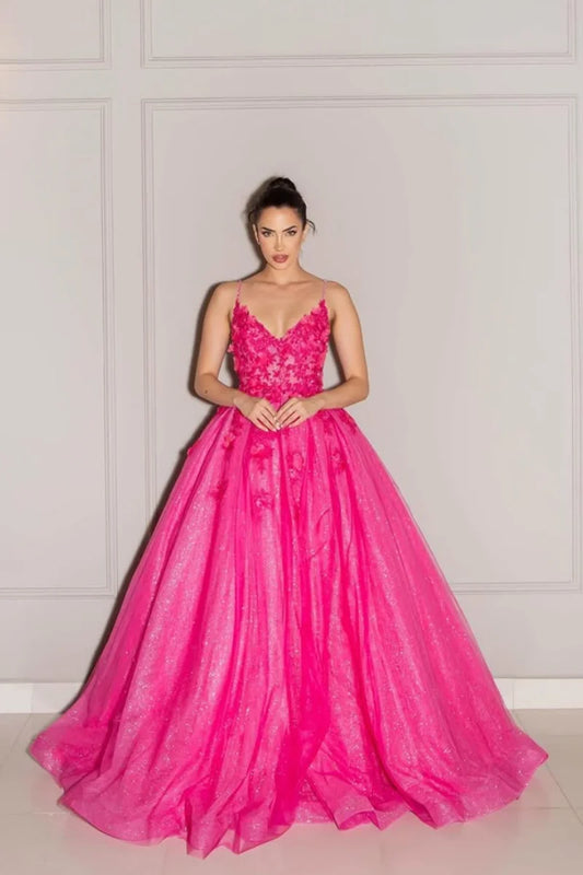 Sweetheart Hot Pink Evening Dresses 3D Floral Tulle Prom Dresses Princess Glitter Wedding Party Dress Customized