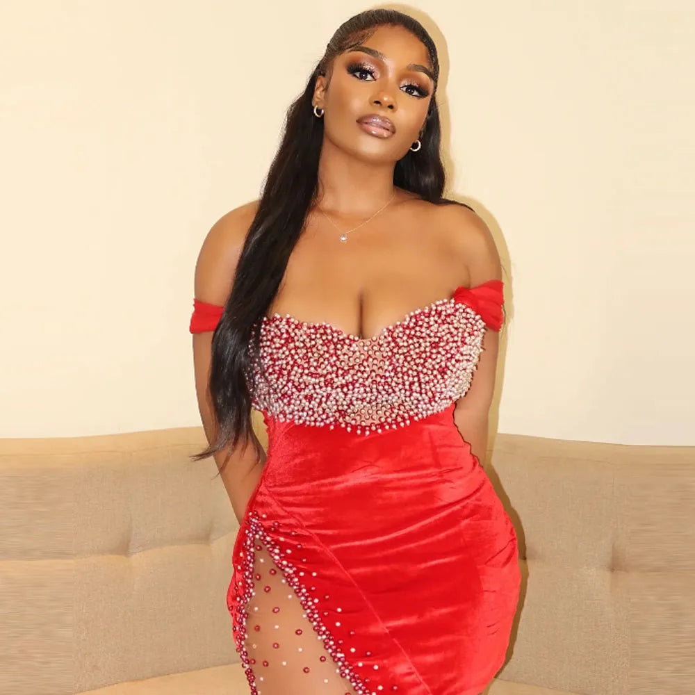 Red Short Cocktail Dresses For Black Girls Aso Ebi Off The Shoulder Girls Evening Dress Mini Short Sexy Summer Birthday Gowns