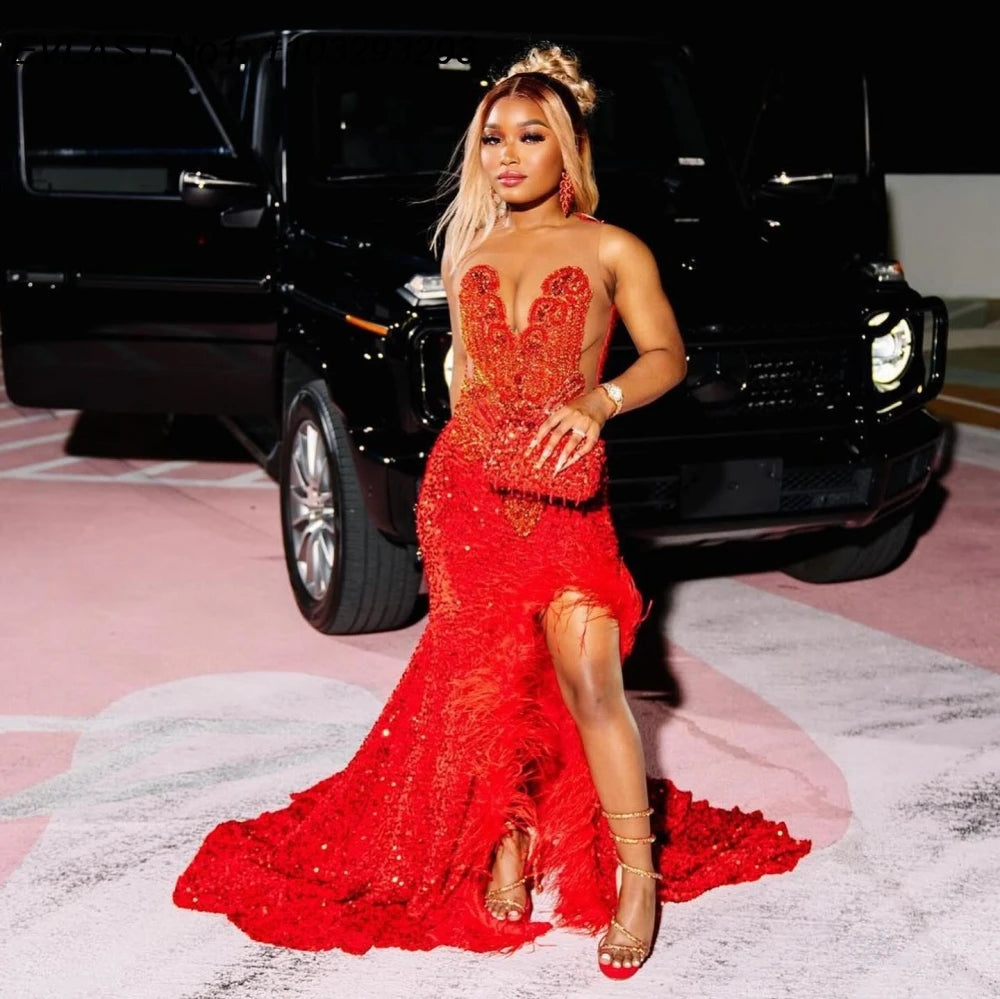Customized 2025 Red Feather Mermaid Prom Dress Black Girl High Slit Crystal Beaded African Birthday Party Gown