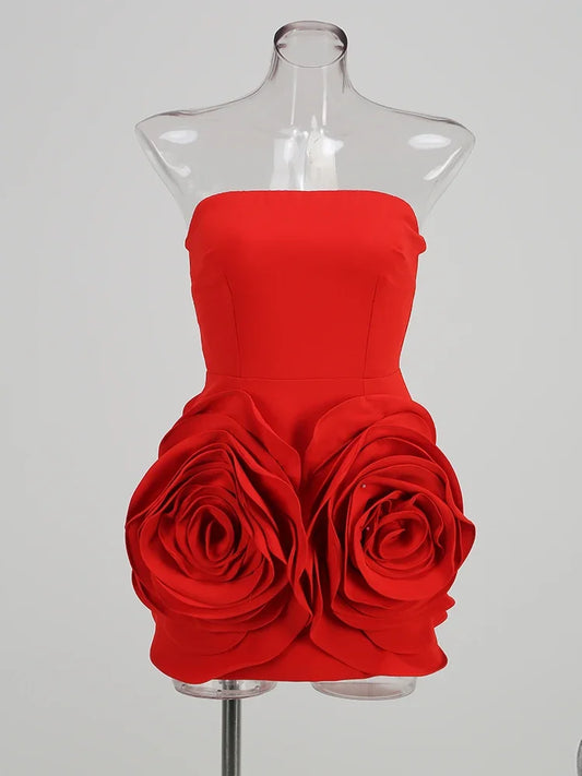 Vestido de noche sexy sin tirantes con flores grandes en 3D, vestido de cumpleaños rojo para mujer, elegante vestido de fiesta de verano a la moda.