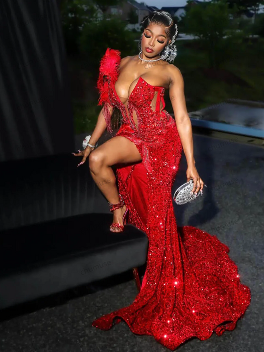Vestido de fiesta de sirena con lentejuelas y escote sexy, plumas, borlas y cordones en la espalda, vestido de noche de sirena Aso Ebi, vestido formal de fiesta