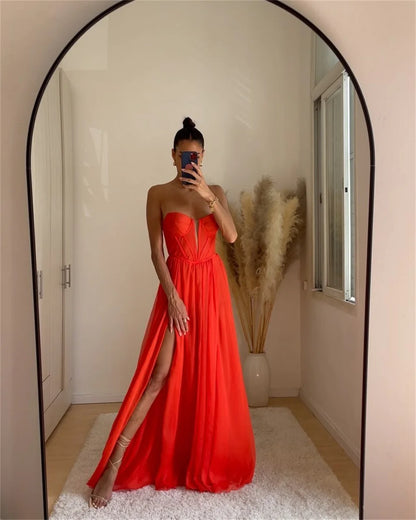 Yellow Chiffon Prom Dresses Strapless Aline Side Split Wedding Dress Customized Sleeveless Floor-length