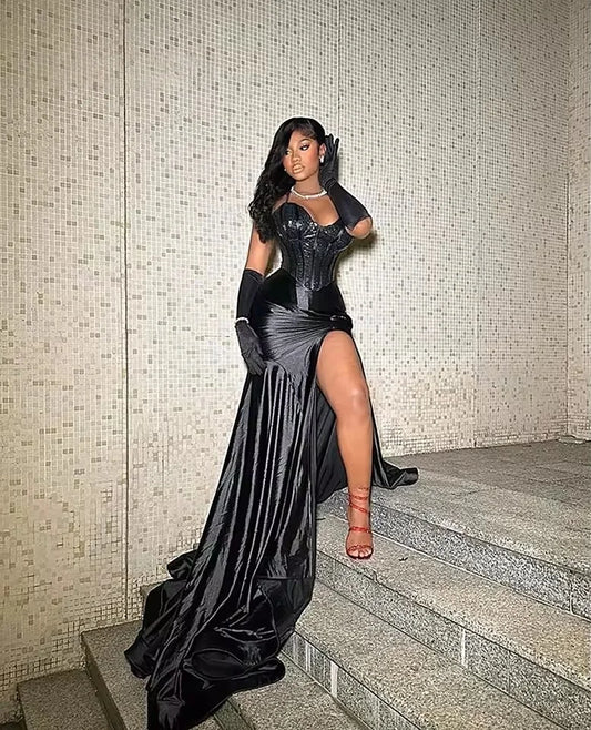 2025 Sexy Black Halter High Split Aso Ebi Evening Dresses Beaded Fish Bone Corset With Gloves Mermaid Prom Dress Customized