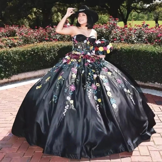 Black Quinceanera Dresses Colorful Floral Applique Satin Ball Gown Sweet 16 Mexican Girsl Vestidos 15 Anos Customized