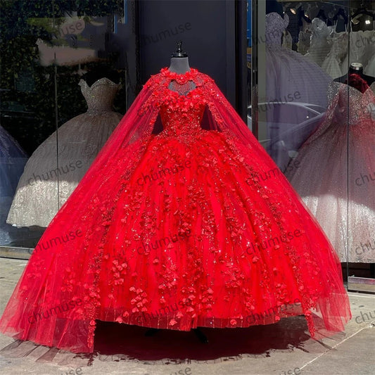 Vestido de quinceañera princesa rojo con capa y flores 3D para fiesta de cumpleaños 
