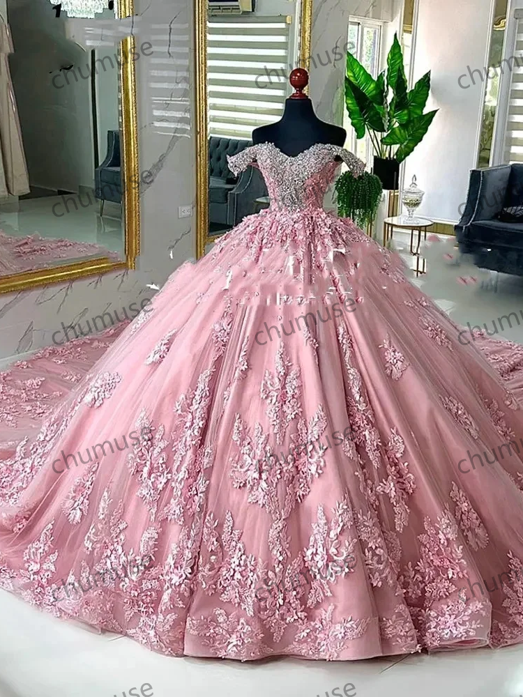 Pink Crystal Beading Off The Shoulder Ball Gown Quinceanera Dresses