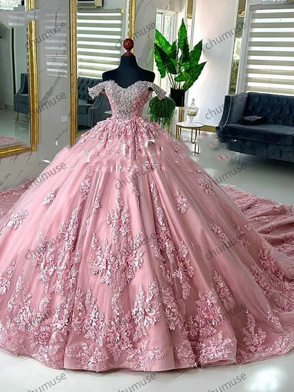 Pink Crystal Beading Off The Shoulder Ball Gown Quinceanera Dresses