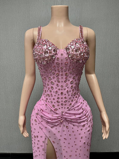 Women Luxury Pink Spaghetti Strap Crystal Drapped Open Leg Bright Long Comfortable Soft Birthday Celebrity Evening Party Gowns