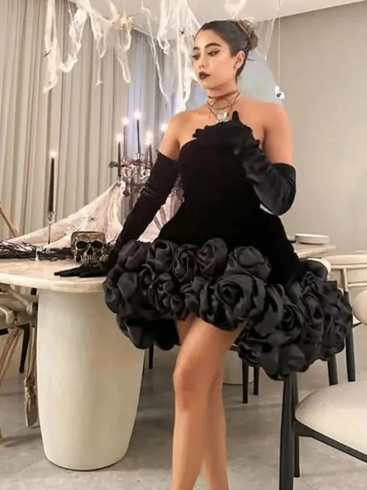 Black Velvet Short Formal Dresses With Handmade Flower Strapless Floral Women Mini Dress Birthday Dress