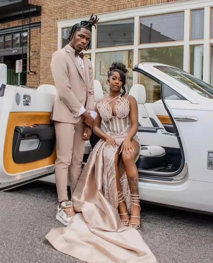 Champagne O Neck Long Prom Dress For Black Girls Bead Appliques Birthday Party Gowns Sequined Evening Dresses 2025 Customized