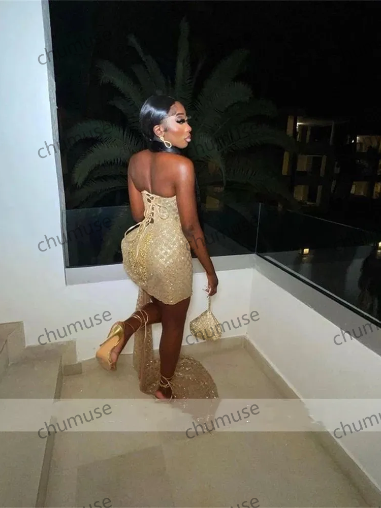 Gold Sweetheart Short Prom Dress For Black Girls Lace Up Birthday Party Dresses